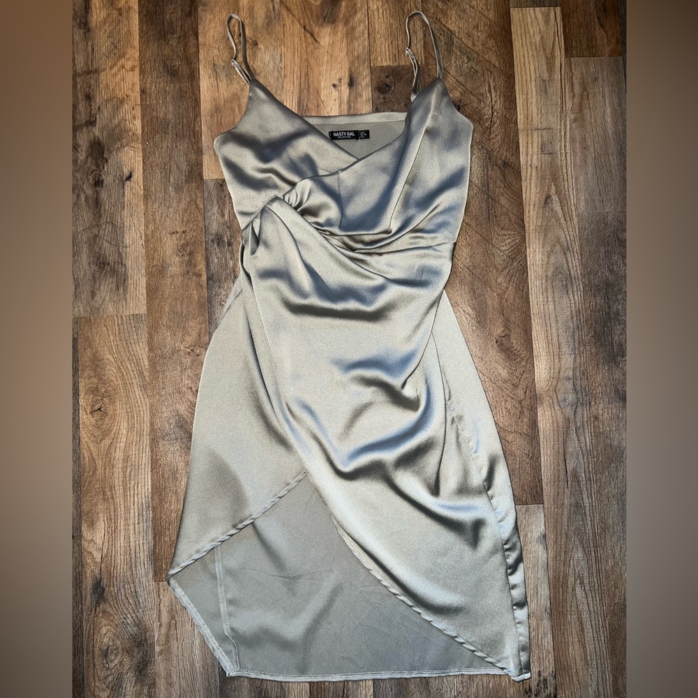 Nasty Gal Satin Green Slit Dress